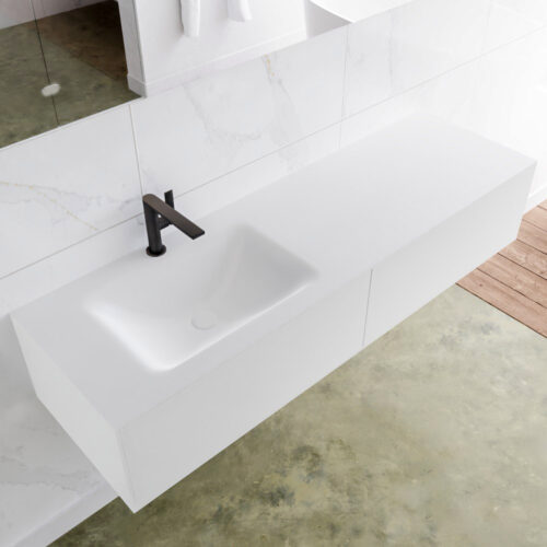 MONDIAZ LAGOM 150cm mueble de baño solid surface Talc 2 cajones lavabo CLOUD Izquierda 1 orificio