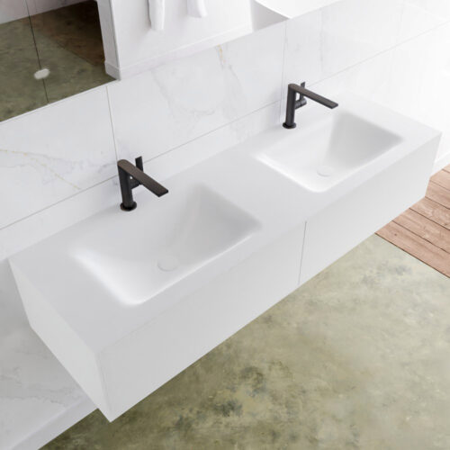 MONDIAZ LAGOM 150cm mueble de baño solid surface Talc 2 cajones lavabo CLOUD Doble 2 orificios