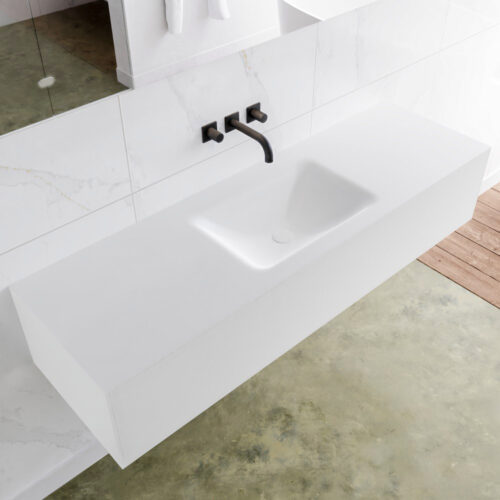 MONDIAZ LAGOM 150cm mueble de baño solid surface Talc 1 cajón lavabo CLOUD Centro sin orificio