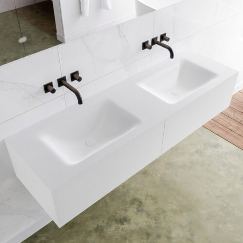 MONDIAZ LAGOM 150cm mueble de baño solid surface Talc 2 cajones lavabo CLOUD Doble sin orificio