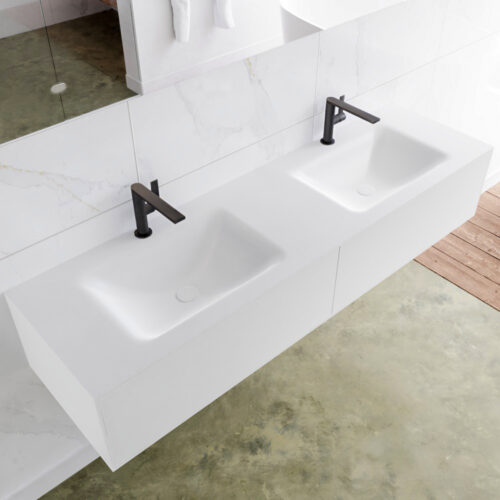 MONDIAZ LAGOM 160cm mueble de baño solid surface Talc 2 cajones lavabo CLOUD Doble 2 orificios