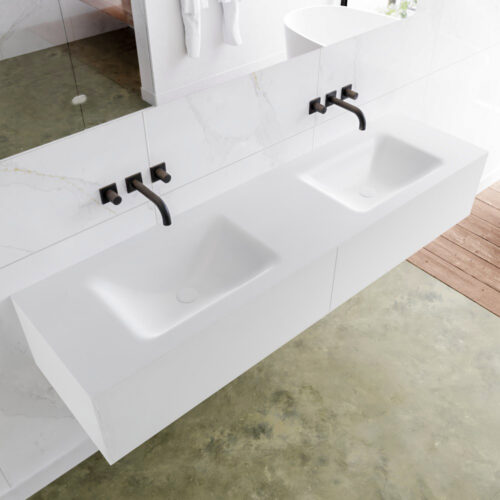 MONDIAZ LAGOM 170cm mueble de baño solid surface Talc 2 cajones lavabo CLOUD Doble sin orificio