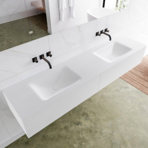 MONDIAZ LAGOM 190cm mueble de baño solid surface Talc 2 cajones lavabo CLOUD Doble sin orificio