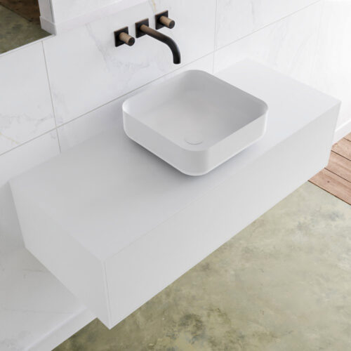 MONDIAZ LAGOM 110cm mueble de baño solid surface Talc 1 cajón BINX Centro sin orificio