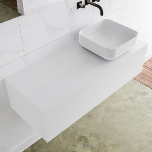 MONDIAZ LAGOM 110cm mueble de baño solid surface Talc 1 cajón BINX Derecho sin orificio