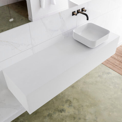 MONDIAZ LAGOM 150cm mueble de baño solid surface Talc 1 cajón BINX Derecho sin orificio