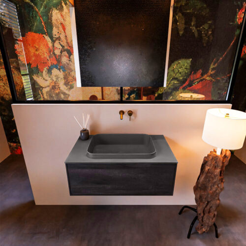 MONDIAZ ERIN 80cm mueble de baño color Dark Brown 1 cajón. Lavabo RIDGE Centro sin orificio color Dark Grey. - Imagen 3