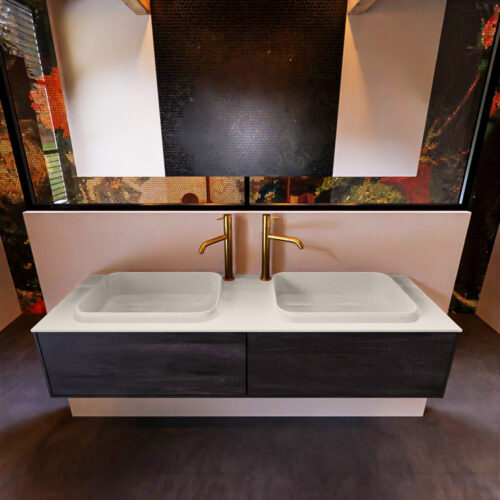 MONDIAZ ERIN 150cm mueble de baño color Dark Brown 2 cajones. Lavabo RIDGE Doble 2 orificios color Linen. - Imagen 3