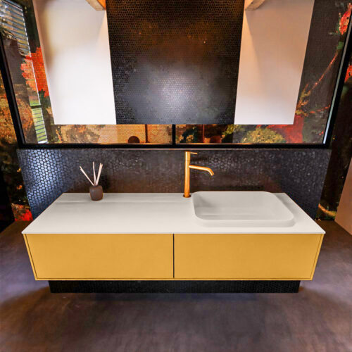 MONDIAZ ERIN 150cm mueble de baño color Ocher 2 cajones. Lavabo RIDGE Derecho 1 orificio color Linen. - Imagen 3