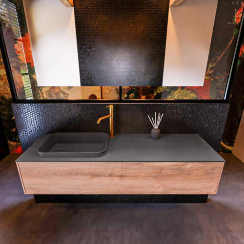 MONDIAZ ERIN 150cm mueble de baño color Washed Oak 1 cajón. Lavabo RIDGE Izquierda 1 orificio color Dark Grey. - Imagen 3