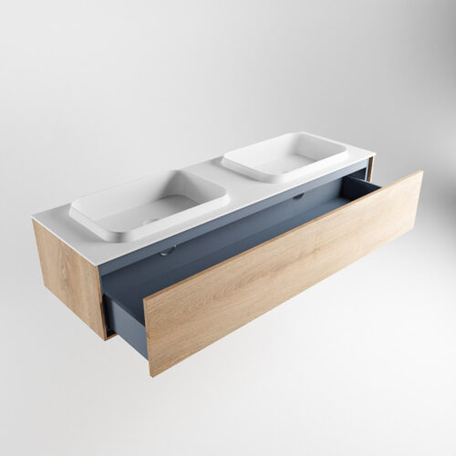 MONDIAZ ERIN 150cm mueble de baño color Washed Oak 1 cajón. Lavabo RIDGE Doble 2 orificios color Talc. - Imagen 6