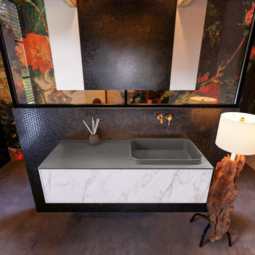 MONDIAZ ERIN 120cm mueble de baño color Carrara 1 cajón. Lavabo RIDGE Derecho sin orificio color Dark Grey. - Imagen 2