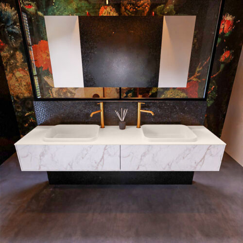 MONDIAZ ERIN 200cm mueble de baño color Carrara 2 cajones. Lavabo RIDGE Doble 2 orificios color Linen. - Imagen 2