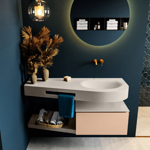 MONDIAZ RIVA 120cm mueble de baño / estante color Rosee con 1 cajón. Lavabo DULCET Derecho sin orificio, color Linen. - Imagen 3