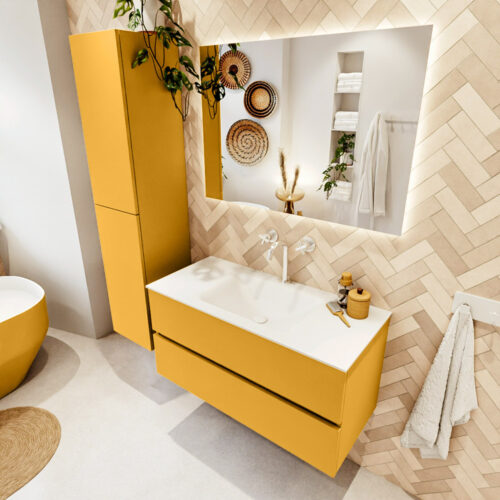 MONDIAZ VICA 100cm mueble de baño Ocher 2 cajones. Lavabo CLOUD Centro 1 orificio color Talc con espejo LED.