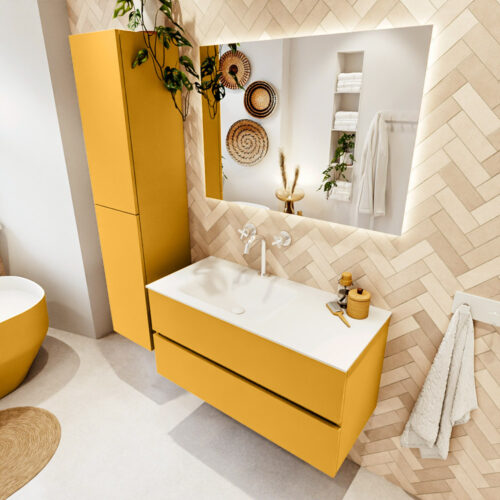 MONDIAZ VICA 100cm mueble de baño Ocher 2 cajones. Lavabo CLOUD Izquierda 1 orificio color Talc con espejo LED.