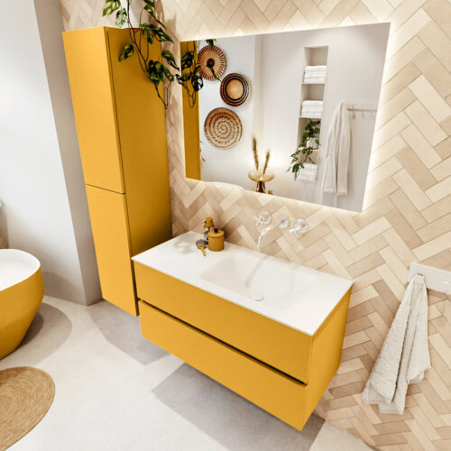 MONDIAZ VICA 100cm mueble de baño Ocher 2 cajones. Lavabo CLOUD Derecho sin orificio color Talc con espejo LED.