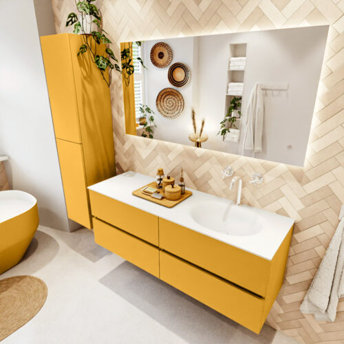 MONDIAZ VICA 140cm mueble de baño Ocher 4 cajones. Lavabo MOON Derecho 1 orificio