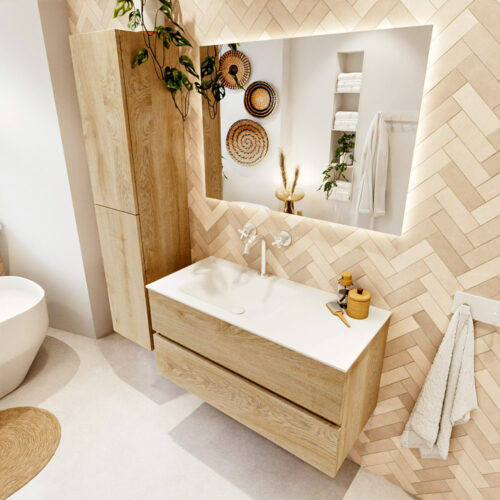 MONDIAZ VICA 100cm mueble de baño Washed Oak 2 cajones. Lavabo CLOUD Izquierda 1 orificio color Talc con espejo LED.