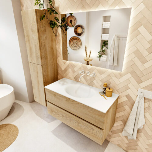 MONDIAZ VICA 100cm mueble de baño Washed Oak 2 cajones. Lavabo MOON Centro sin orificio color Talc con espejo LED.