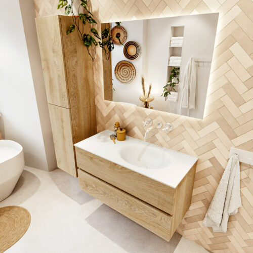 MONDIAZ VICA 100cm mueble de baño Washed Oak 2 cajones. Lavabo MOON Derecho sin orificio color Talc con espejo LED.