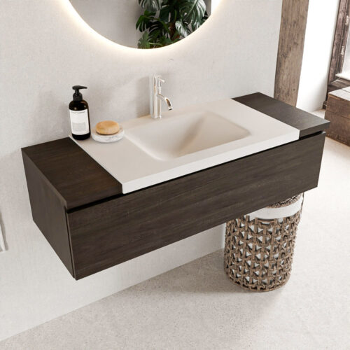 MONDIAZ BUKLA 120cm mueble de baño Dark Brown 1 cajón. Lavabo CLOUD centro 1 orificio color Talc