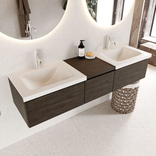 MONDIAZ BUKLA 160cm mueble de baño con módulo 40 Dark Brown 3 cajones. Lavabo CLOUD duble 2 orificios color Talc