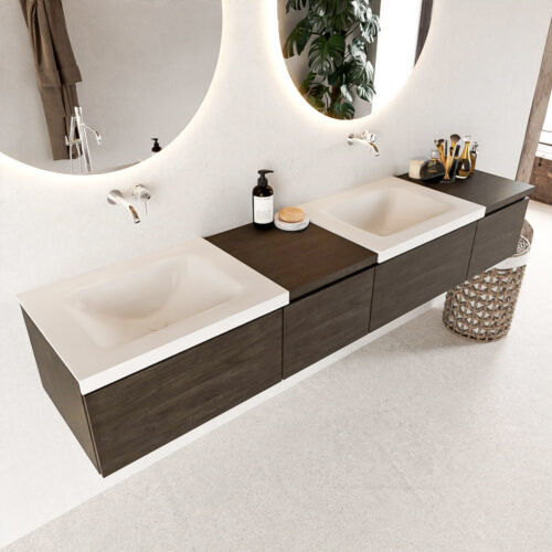 MONDIAZ BUKLA 200cm mueble de baño con módulo 40 izquierda Dark Brown 4 cajones. Lavabo CLOUD duble sin orificios color Talc