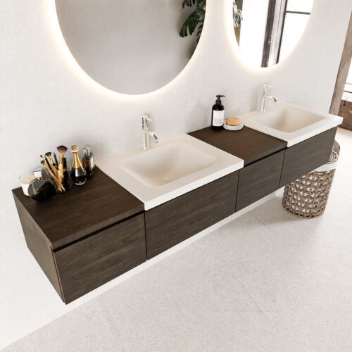 MONDIAZ BUKLA 200cm mueble de baño con módulo 40 derecho Dark Brown 4 cajones. Lavabo CLOUD duble 2 orificios color Talc