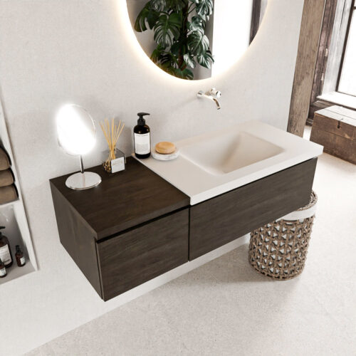 MONDIAZ BUKLA 120cm mueble de baño con módulo 40 Dark Brown 2 cajones. Lavabo CLOUD derecho sin orificios color Talc