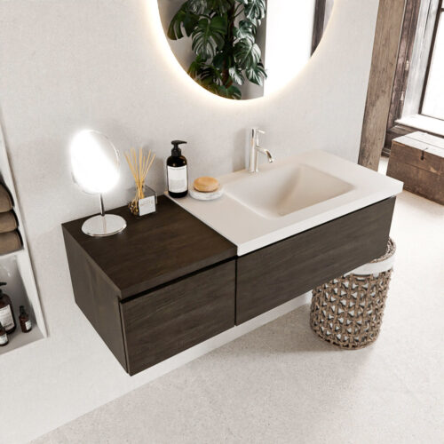 MONDIAZ BUKLA 120cm mueble de baño con módulo 40 Dark Brown 2 cajones. Lavabo CLOUD derecho 1 orificio color Talc