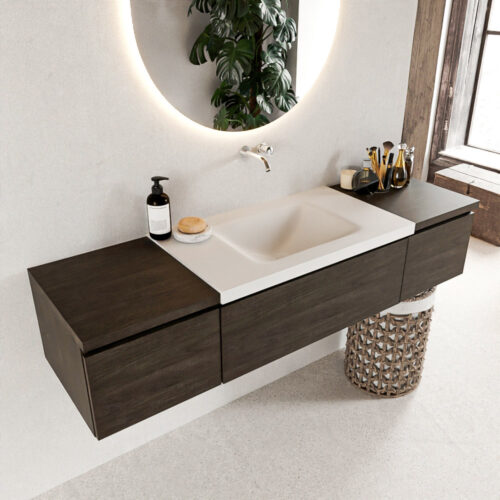 MONDIAZ BUKLA 160cm mueble de baño con módulo 40 Dark Brown 3 cajones. Lavabo CLOUD centro sin orificios color Talc