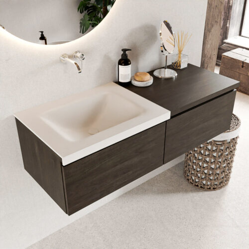 MONDIAZ BUKLA 120cm mueble de baño con módulo 60 Dark Brown 2 cajones. Lavabo CLOUD izquierda sin orificios color Talc