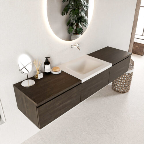 MONDIAZ BUKLA 180cm mueble de baño con módulo 60 Dark Brown 3 cajones. Lavabo CLOUD centro sin orificios color Talc