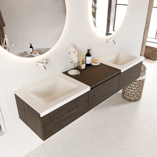 MONDIAZ BUKLA 180cm mueble de baño con módulo 60 Dark Brown 3 cajones. Lavabo CLOUD duble sin orificios color Talc