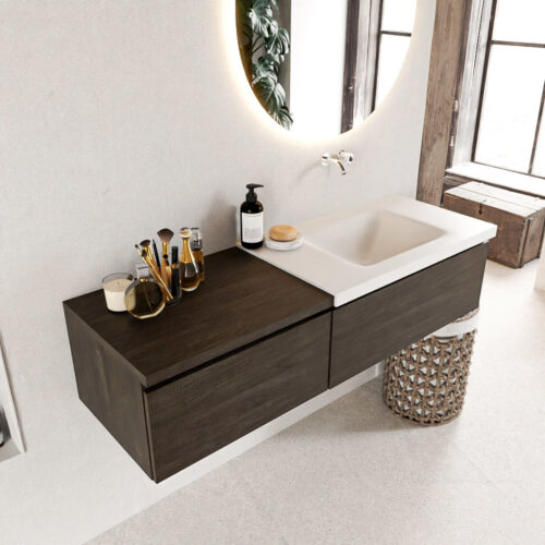 MONDIAZ BUKLA 140cm mueble de baño con módulo 60 Dark Brown 2 cajones. Lavabo CLOUD derecho sin orificios color Talc