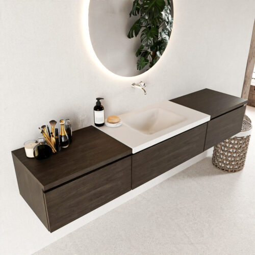 MONDIAZ BUKLA 200cm mueble de baño con módulo 60 Dark Brown 3 cajones. Lavabo CLOUD centro sin orificios color Talc