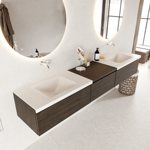 MONDIAZ BUKLA 220cm mueble de baño con módulo 60 Dark Brown 3 cajones. Lavabo CLOUD duble sin orificios color Talc