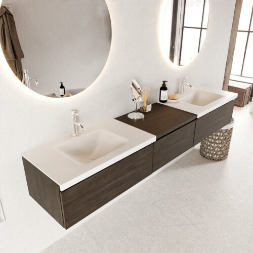 MONDIAZ BUKLA 220cm mueble de baño con módulo 60 Dark Brown 3 cajones. Lavabo CLOUD duble 2 orificios color Talc