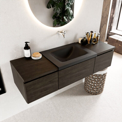 MONDIAZ BUKLA 140cm mueble de baño con módulo 40 Dark Brown 3 cajones. Lavabo CLOUD centro sin orificios color Urban