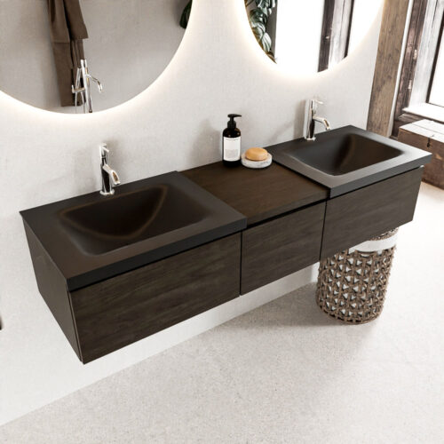 MONDIAZ BUKLA 160cm mueble de baño con módulo 40 Dark Brown 3 cajones. Lavabo CLOUD duble 2 orificios color Urban