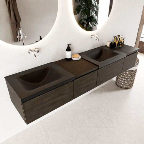 MONDIAZ BUKLA 200cm mueble de baño con módulo 40 izquierda Dark Brown 4 cajones. Lavabo CLOUD duble sin orificios color Urban