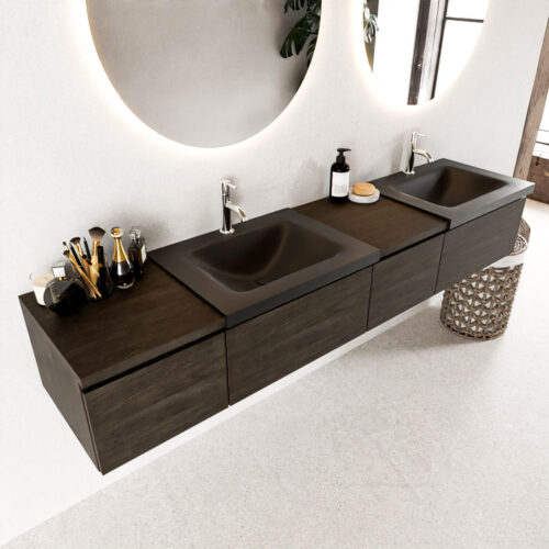 MONDIAZ BUKLA 200cm mueble de baño con módulo 40 derecho Dark Brown 4 cajones. Lavabo CLOUD duble 2 orificios color Urban