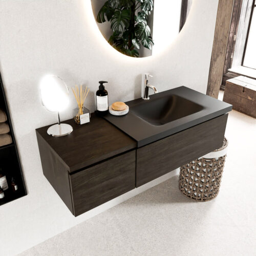 MONDIAZ BUKLA 120cm mueble de baño con módulo 40 Dark Brown 2 cajones. Lavabo CLOUD derecho 1 orificio color Urban