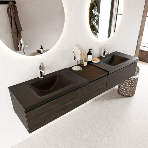 MONDIAZ BUKLA 200cm mueble de baño con módulo 40 Dark Brown 3 cajones. Lavabo CLOUD duble 2 orificios color Urban