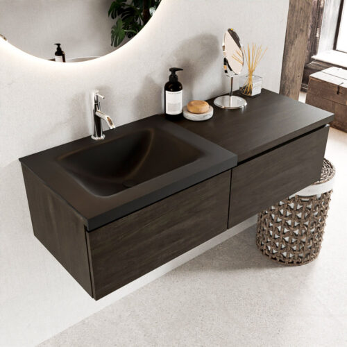 MONDIAZ BUKLA 120cm mueble de baño con módulo 60 Dark Brown 2 cajones. Lavabo CLOUD izquierda 1 orificio color Urban