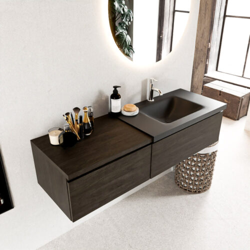 MONDIAZ BUKLA 140cm mueble de baño con módulo 60 Dark Brown 2 cajones. Lavabo CLOUD derecho 1 orificio color Urban