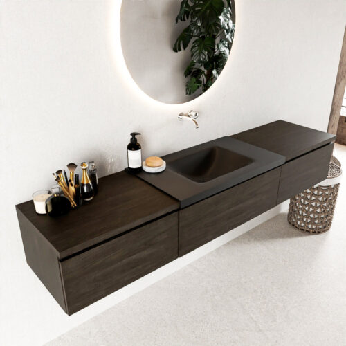 MONDIAZ BUKLA 200cm mueble de baño con módulo 60 Dark Brown 3 cajones. Lavabo CLOUD centro sin orificios color Urban