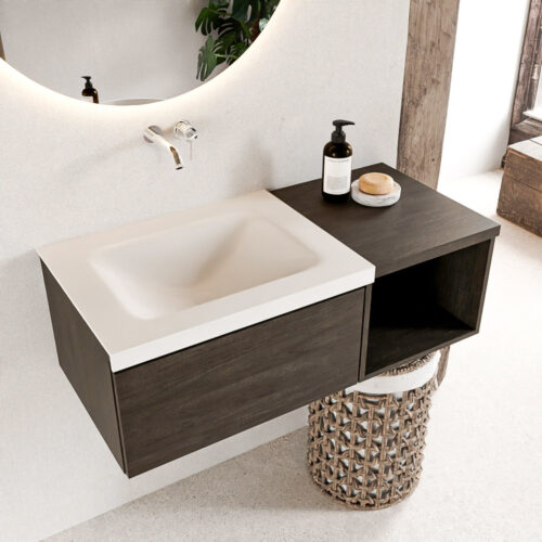 MONDIAZ BUKLA 100cm mueble de baño con módulo abierto 40 Dark Brown 1 cajón. Lavabo CLOUD izquierda sin orificios color Talc