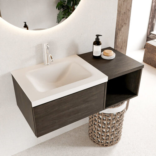 MONDIAZ BUKLA 100cm mueble de baño con módulo abierto 40 Dark Brown 1 cajón. Lavabo CLOUD izquierda 1 orificio color Talc